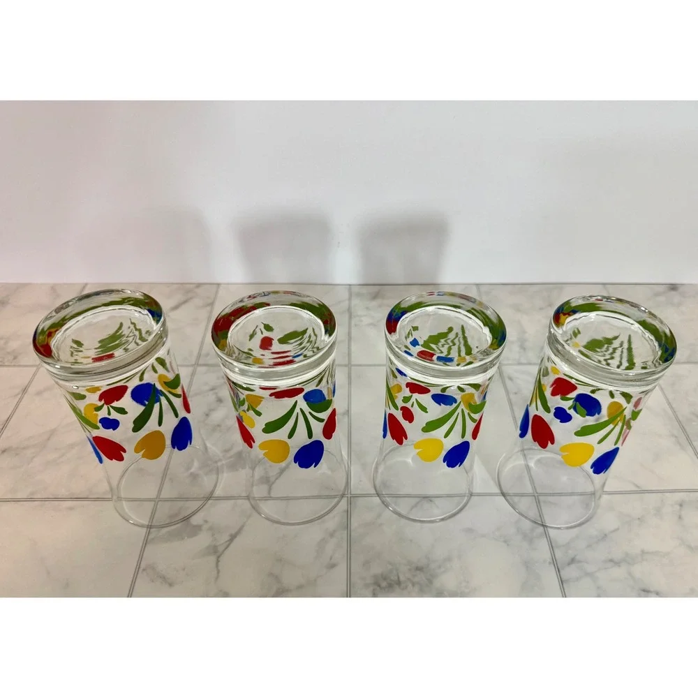Vintage Federal Glass Tulip Tyme Tumblers Set of 4 Primary Colors Floral Glass